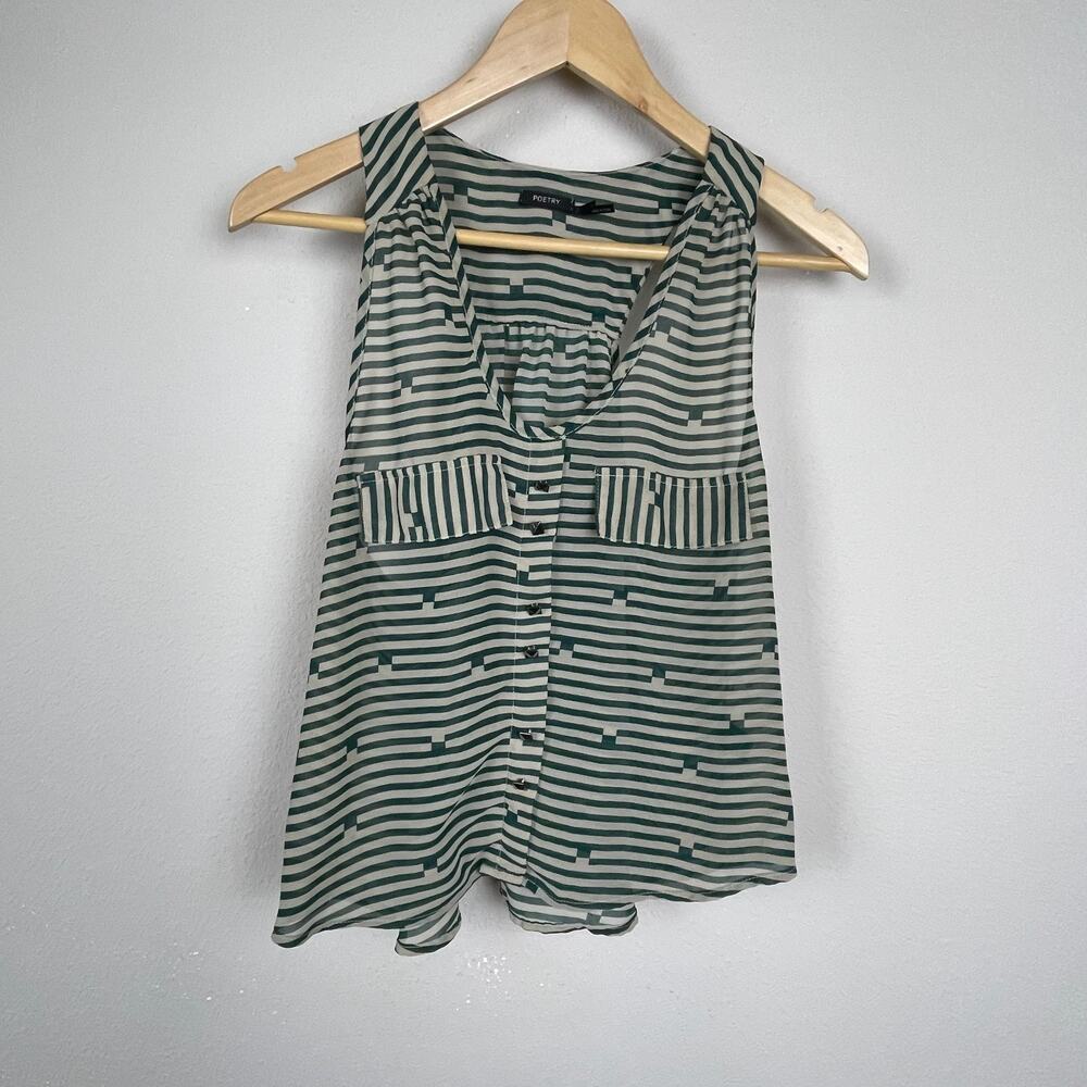 Poetry Flowy Tank Top Size L Green Beige Stripe Soft Girl Festival Racerback